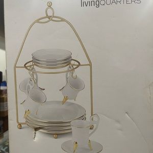 Vintage Holiday dessert server. 13 piece white cup with gold accent and saucers.